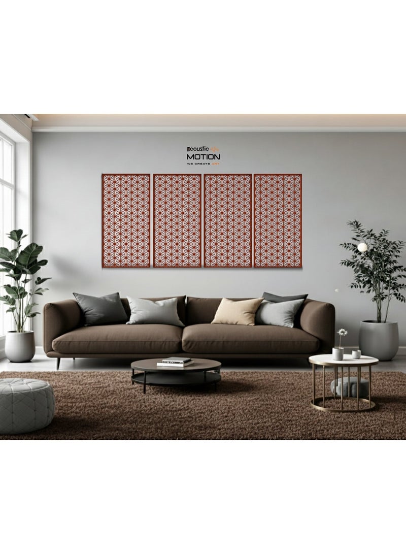 أكويستك موشان لوحات جدارية خشبية من خشب MDF من ACOUSTIC MOTION®، بتصميم GEOTRI مع شريط لاصق مزدوج الوجه، لون بني محمر عصري، مناسبة للمنزل، غرفة المعيشة، غرفة النوم، المكتب والفندق، 25×50×0.5 سم، طقم من 4 قطع - Image 3